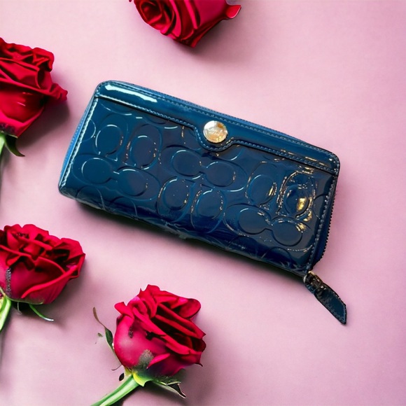 Coach Patent Embossed Monogram Logo Sapphire Blue Zip Around Wallet - Picture 4 of 10